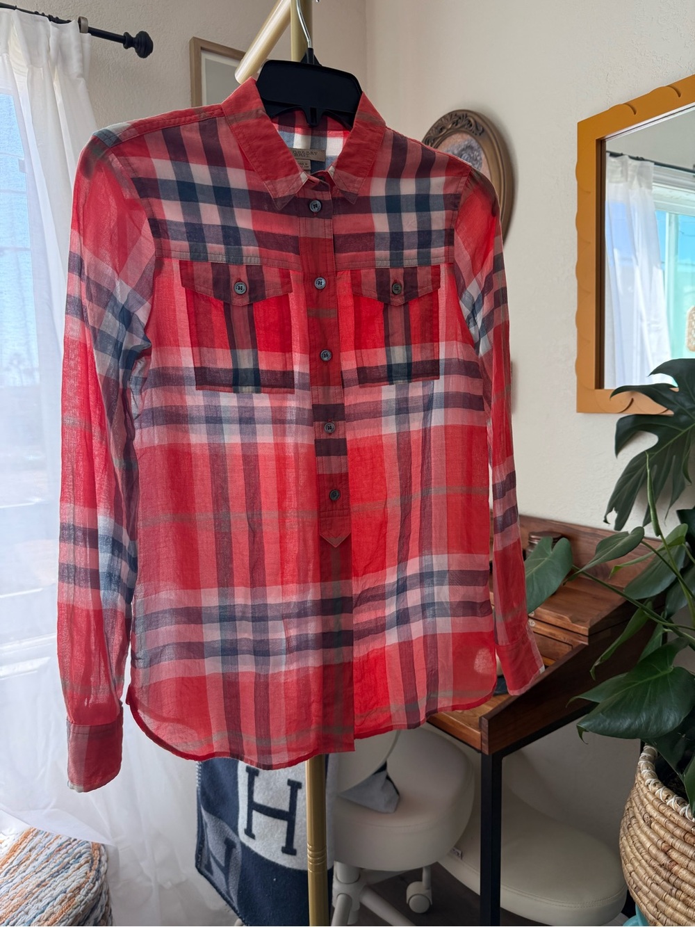 Burberry Brit Red Plaid Long-Sleeve Button-Down